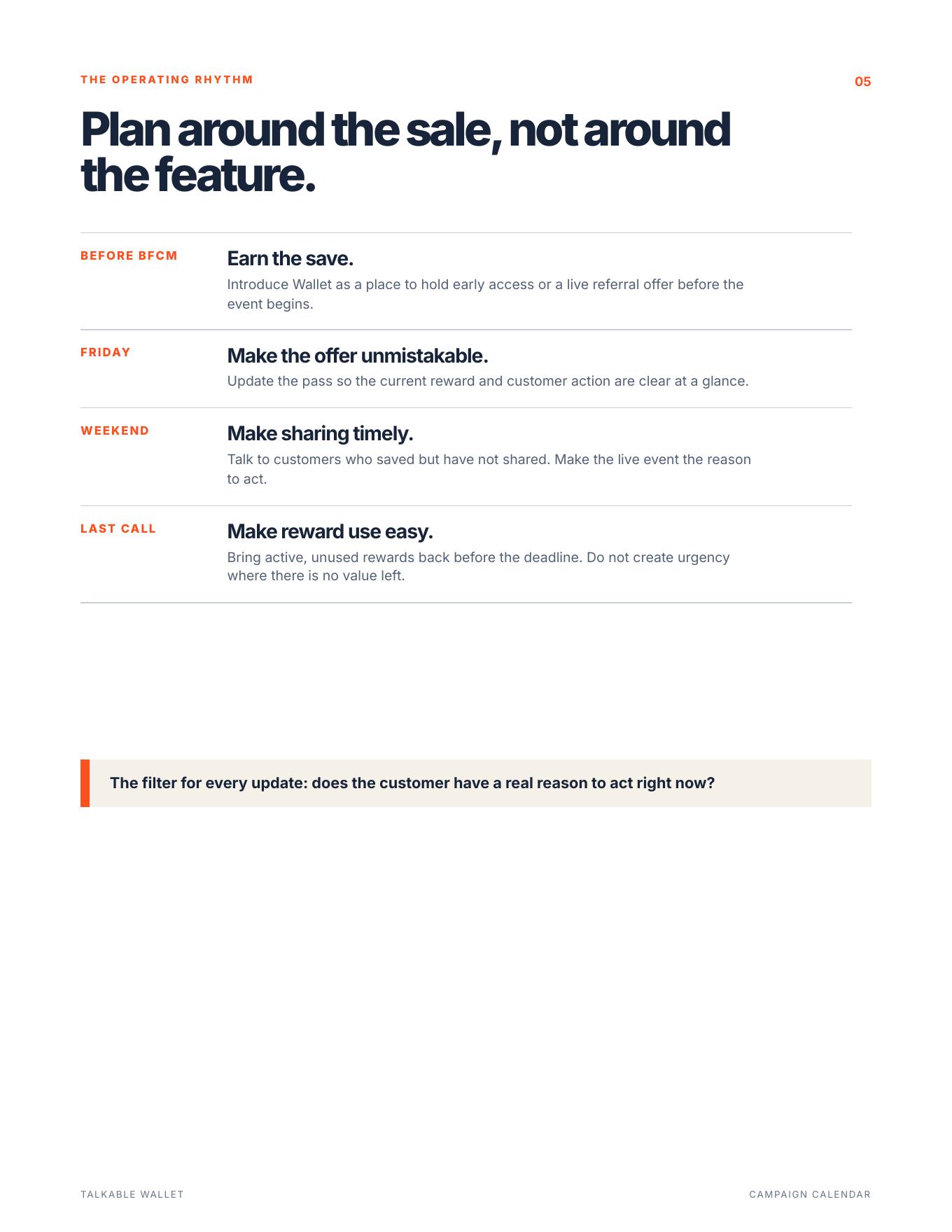 Source field guide page showing the BFCM Wallet campaign calendar.