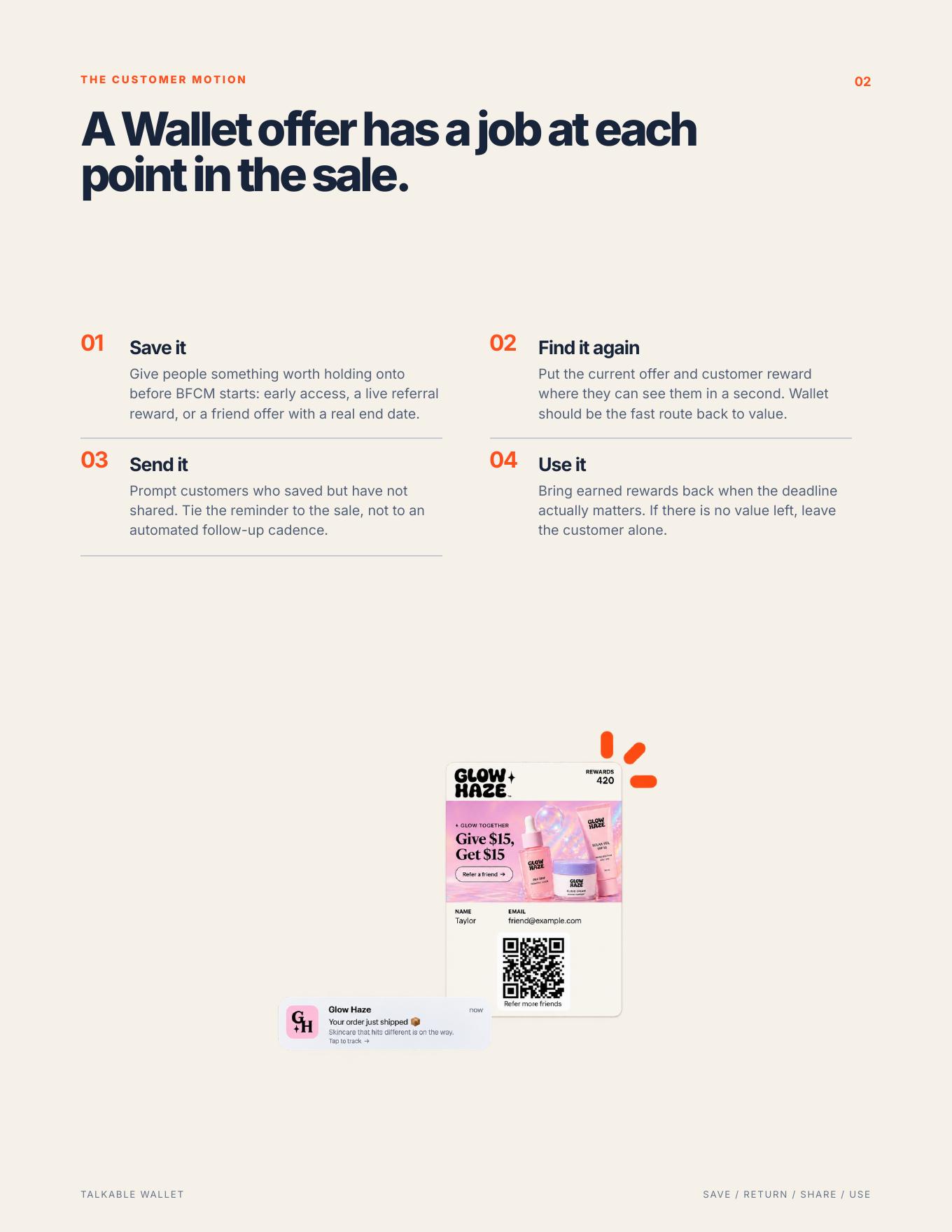 Source field guide page showing the Wallet customer journey: save, find, send, and use.