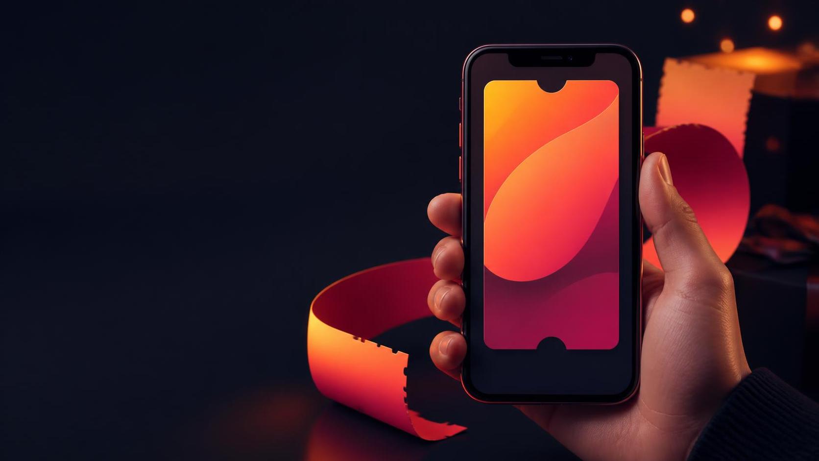 Abstract mobile Wallet pass on a phone against a dark BFCM-inspired background.