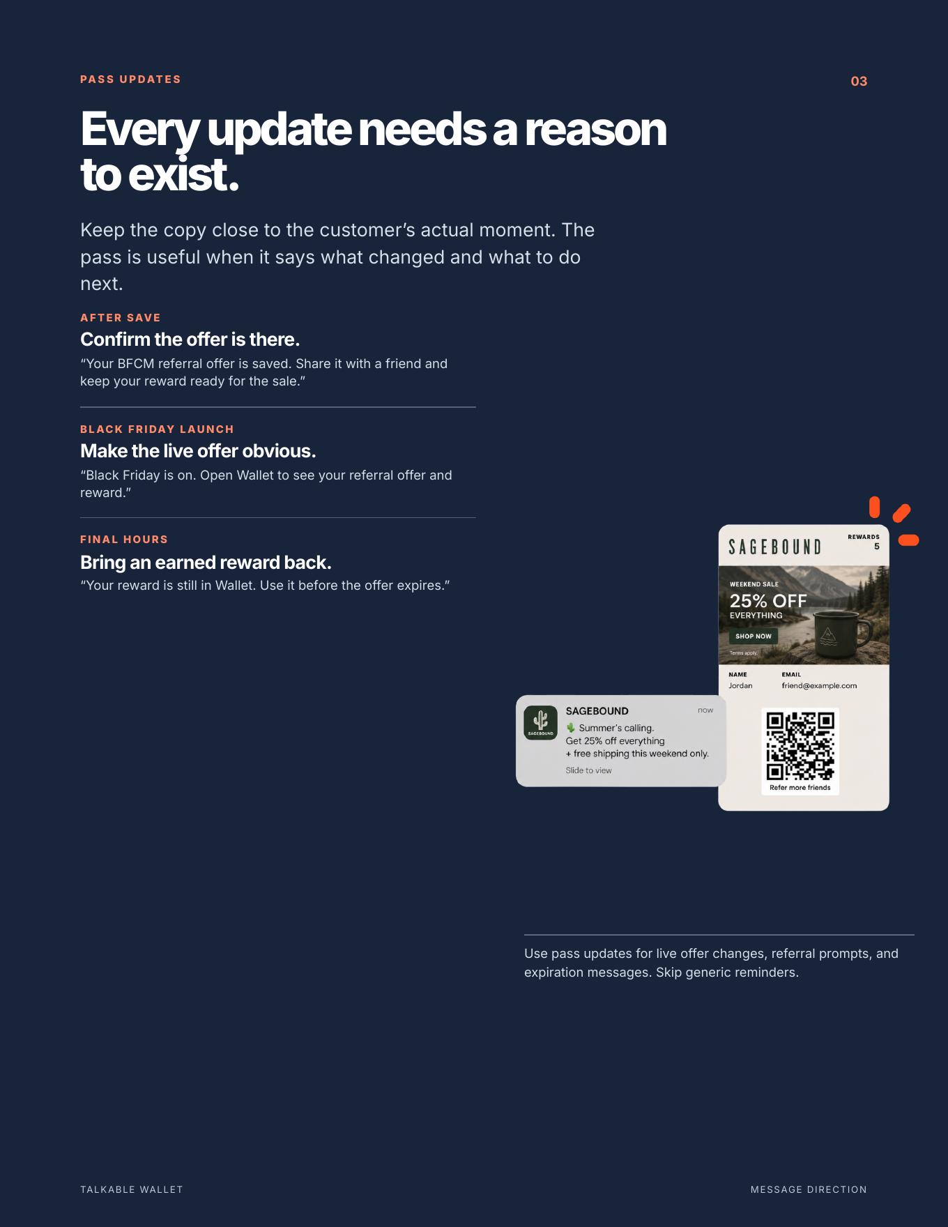 Source field guide page with pass update message direction for BFCM.