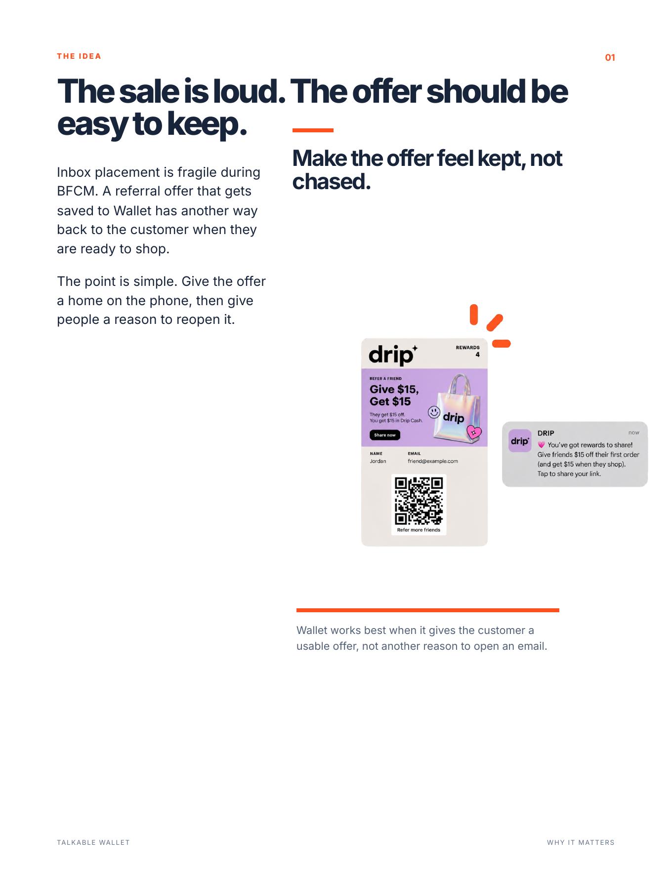 Source field guide page showing a Drip Wallet referral pass and the idea that the offer should be easy to keep.