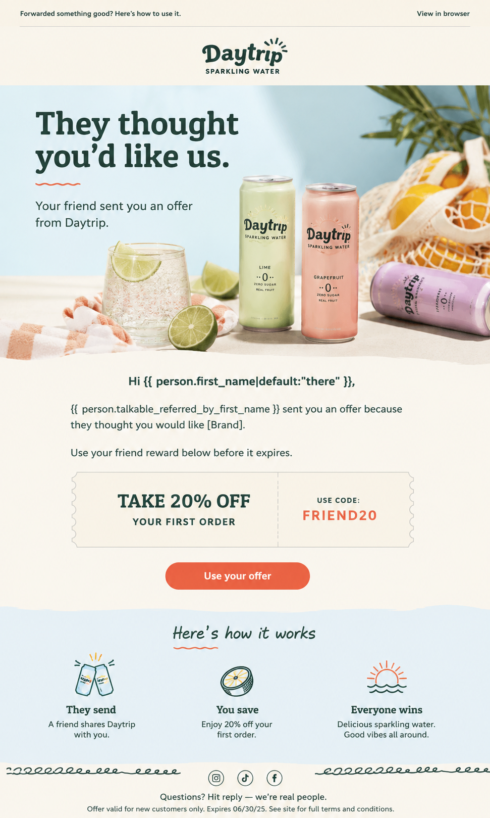 Example referral welcome email for a referred customer