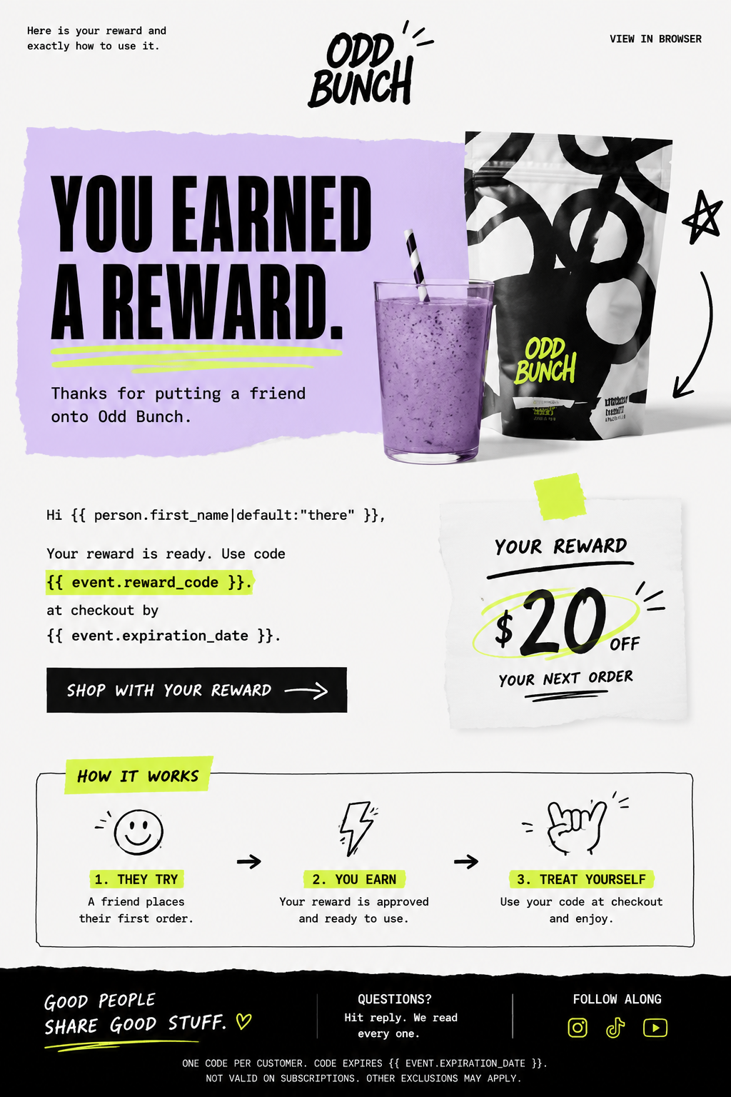 Example reward issued email for an advocate