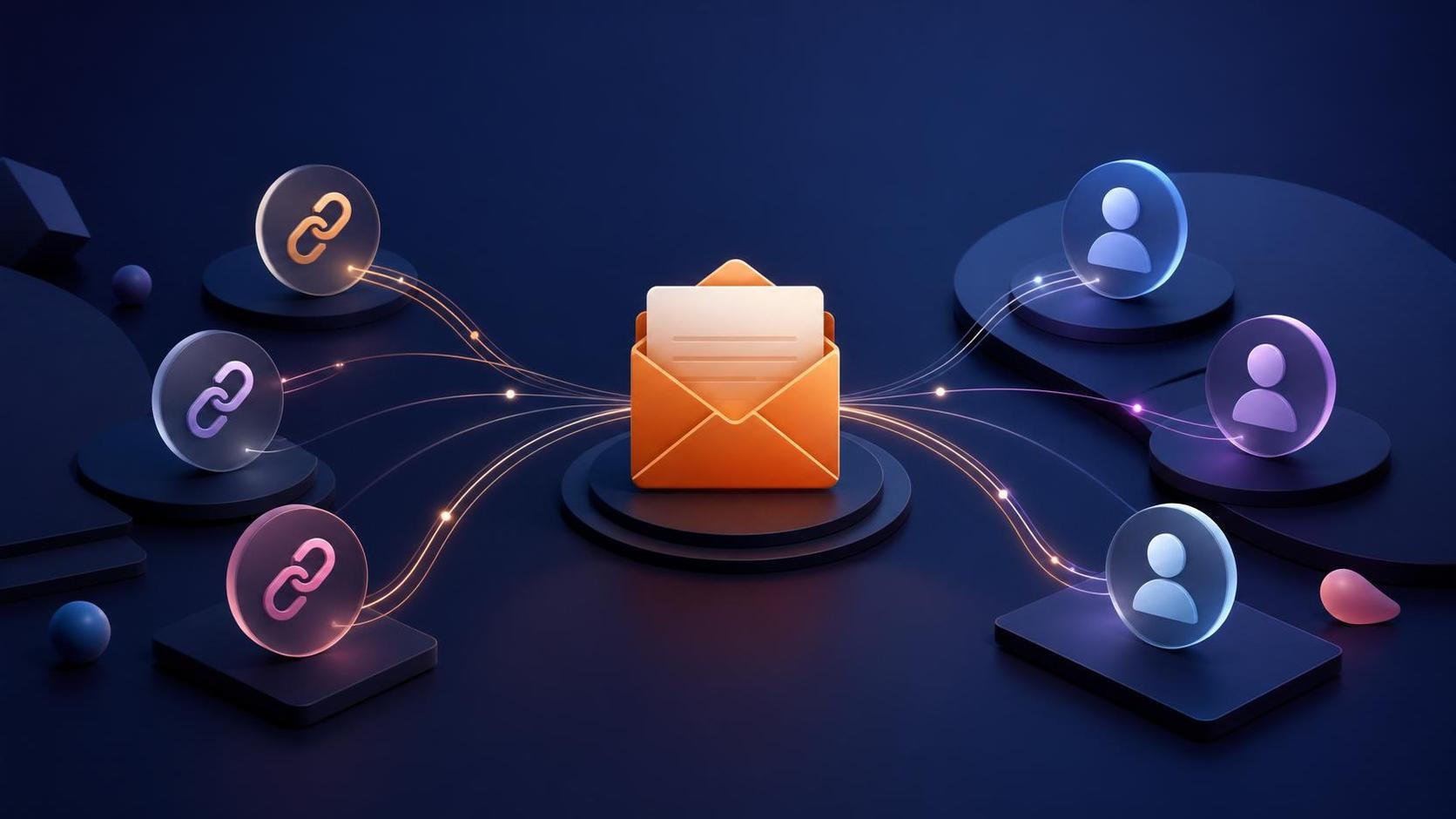 Email envelope connected to referral and customer icons