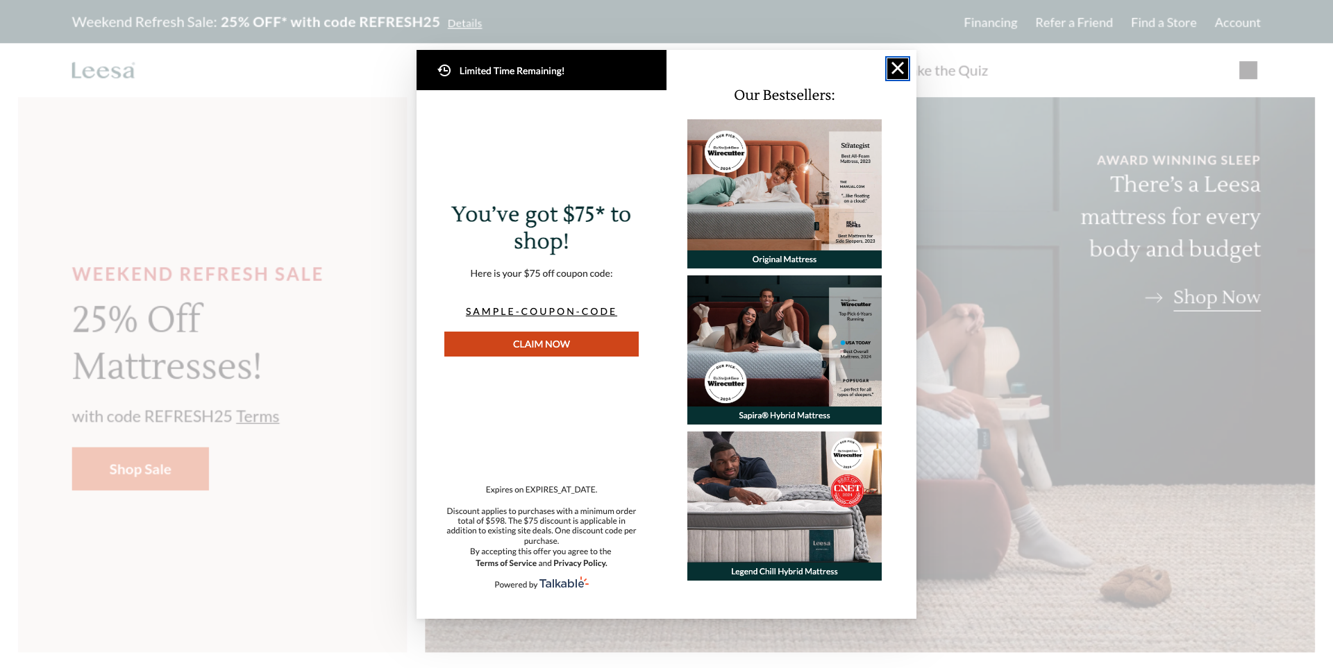 Leesa Sleep friend claim page with $75 coupon code and bestseller products