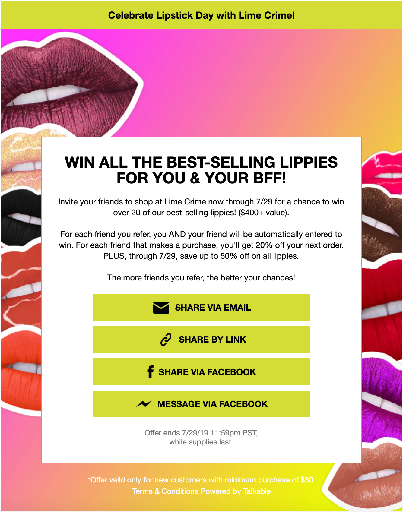 Lime Crime referral campaign example
