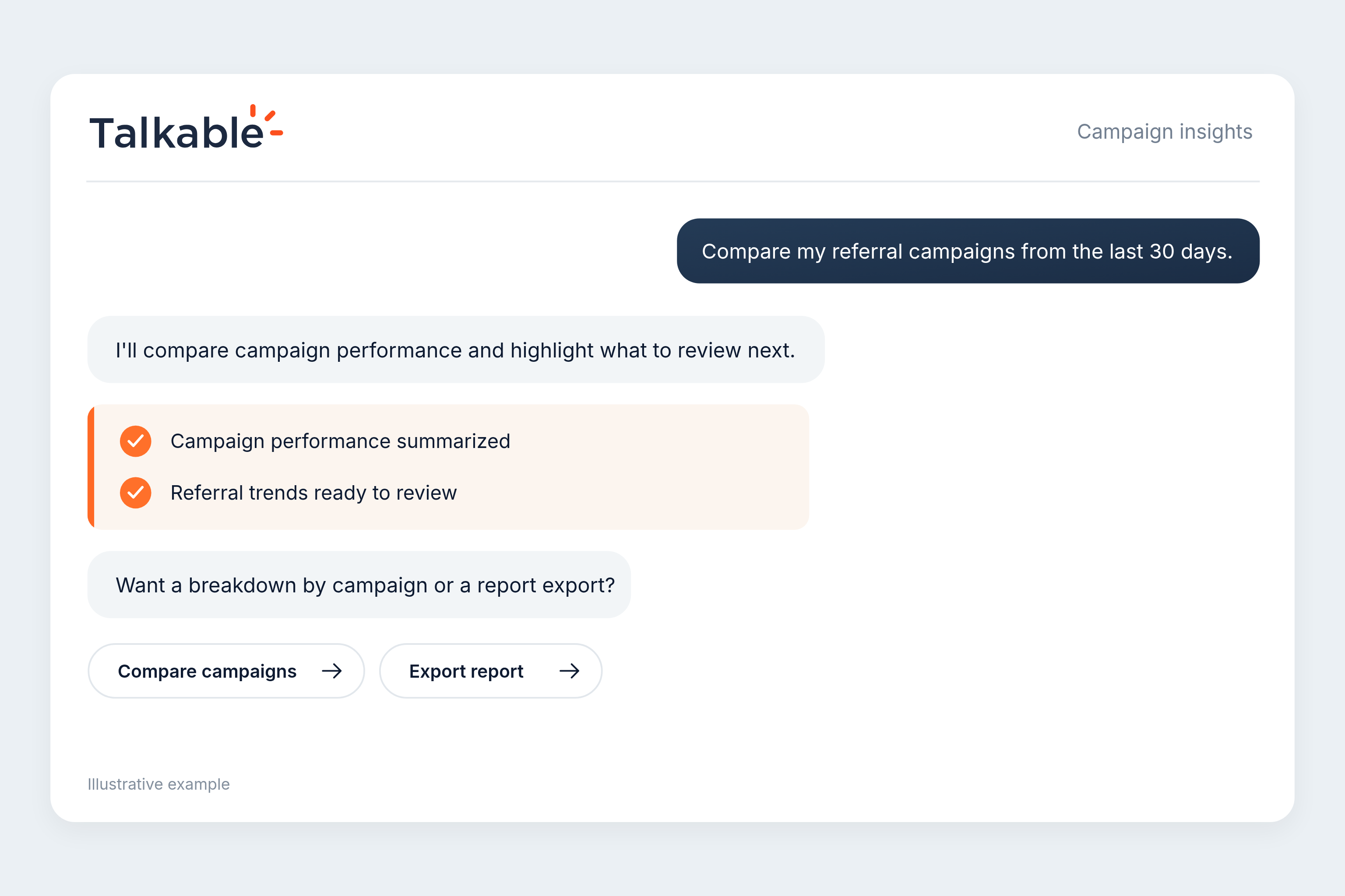 Illustrative Talkable assistant conversation comparing referral campaigns, summarizing performance, and offering a campaign comparison or report export.