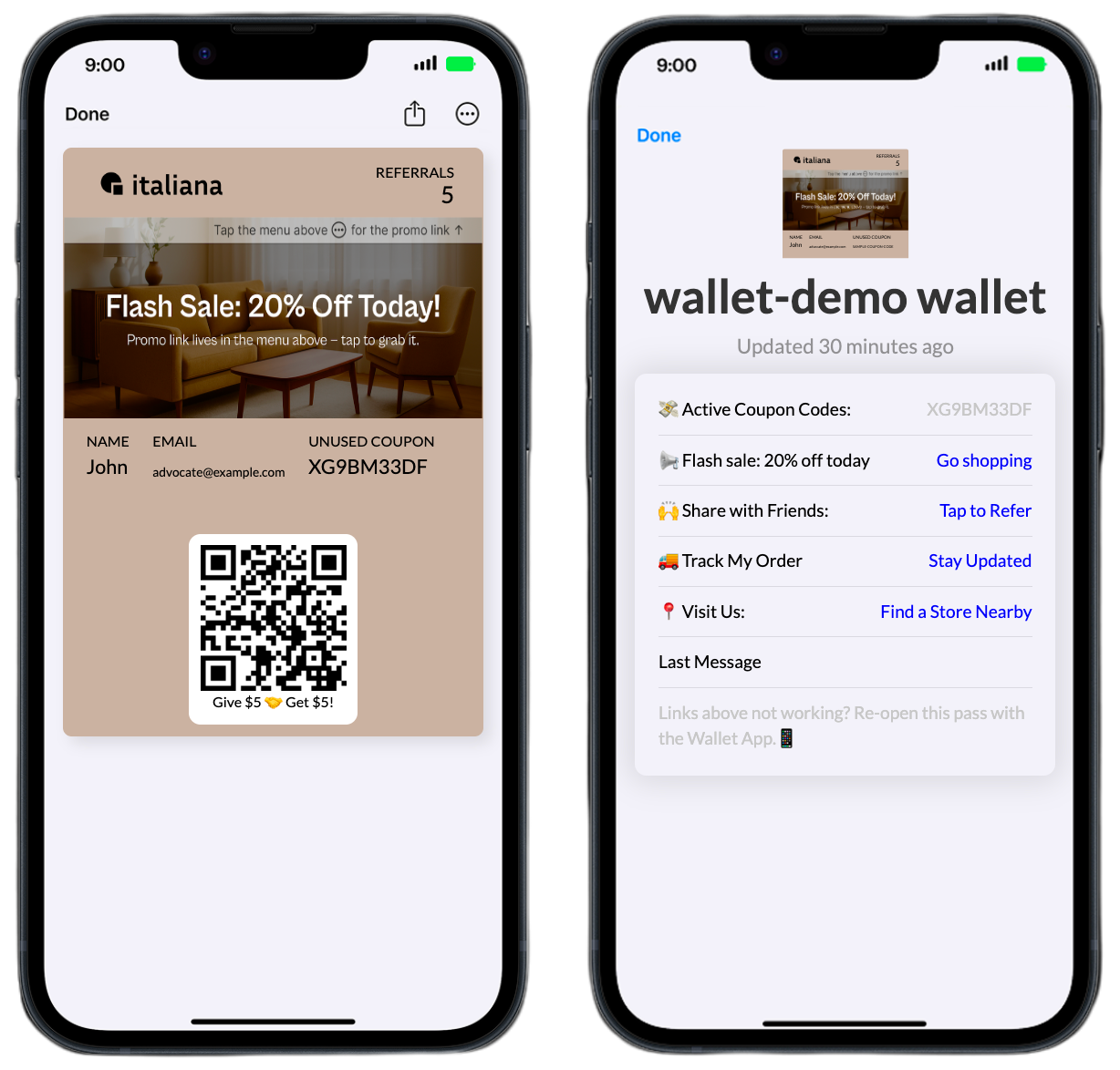 Two iPhones showing wallet pass flash sale promo