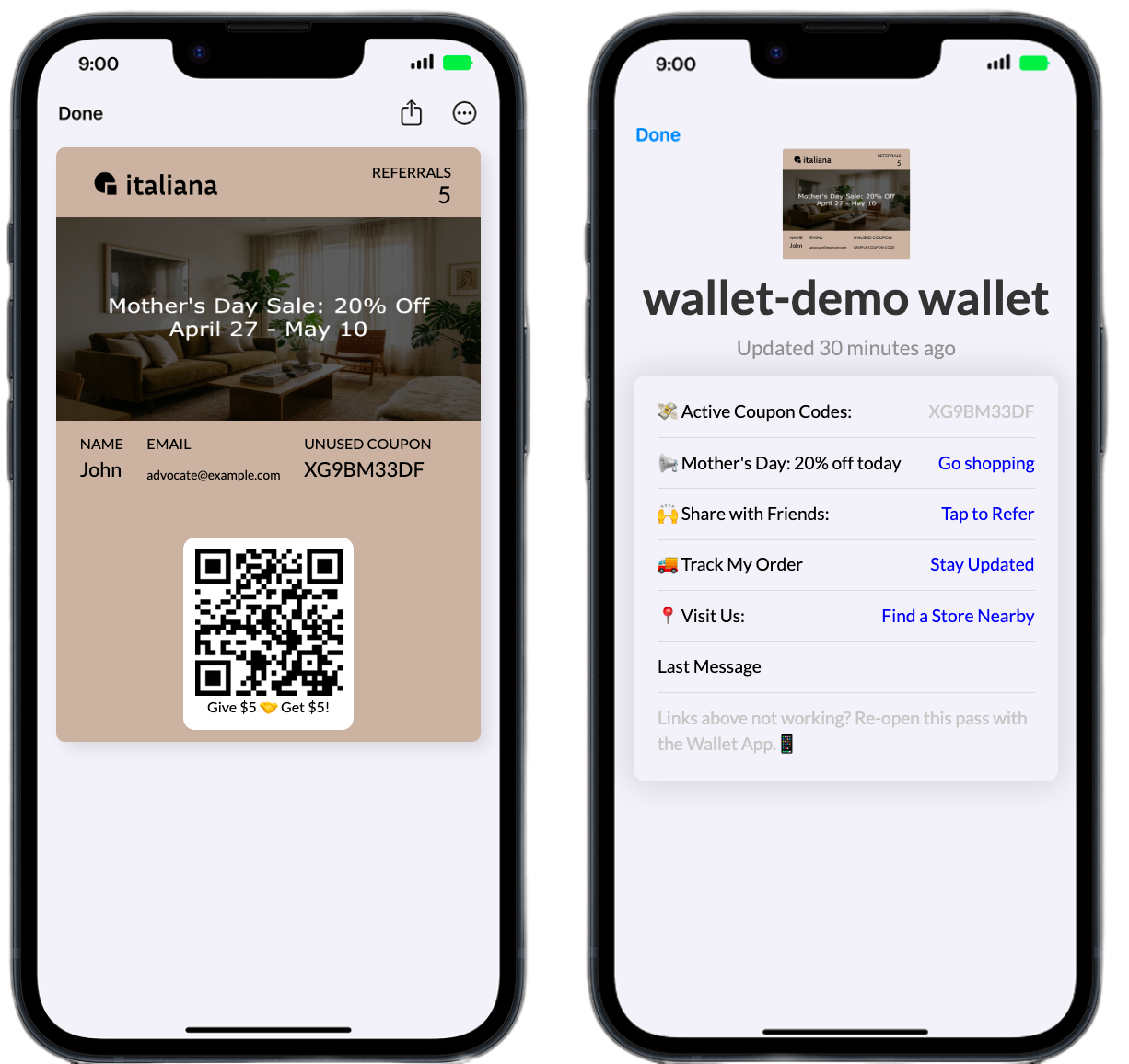 Two iPhones showing Mother's Day wallet promo