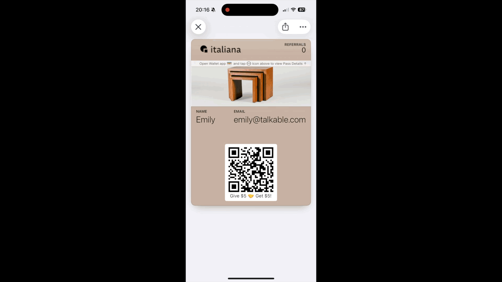 Five CBD branded Apple Wallet pass showing referral link and loyalty balance