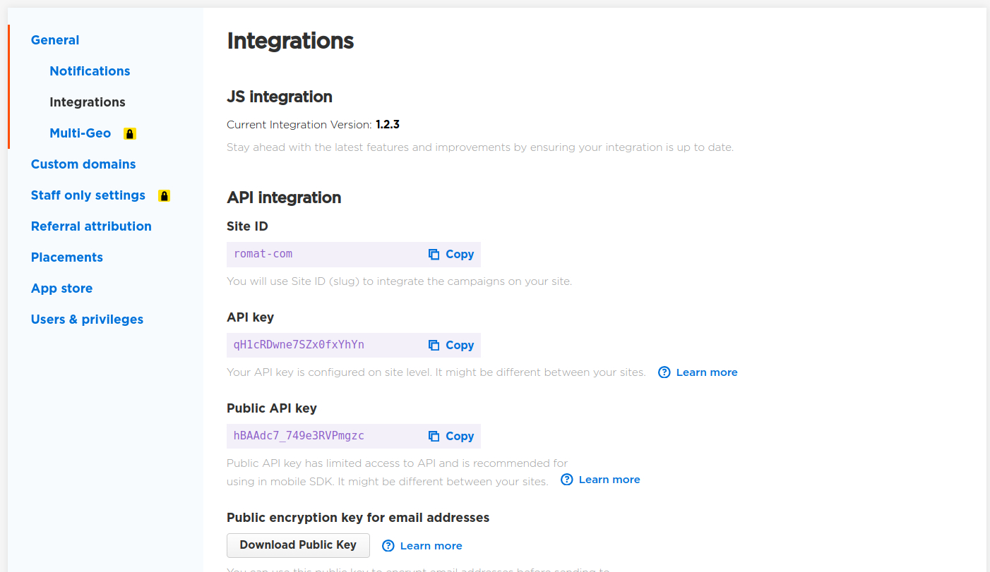 “Integrations” Section in Site Settings