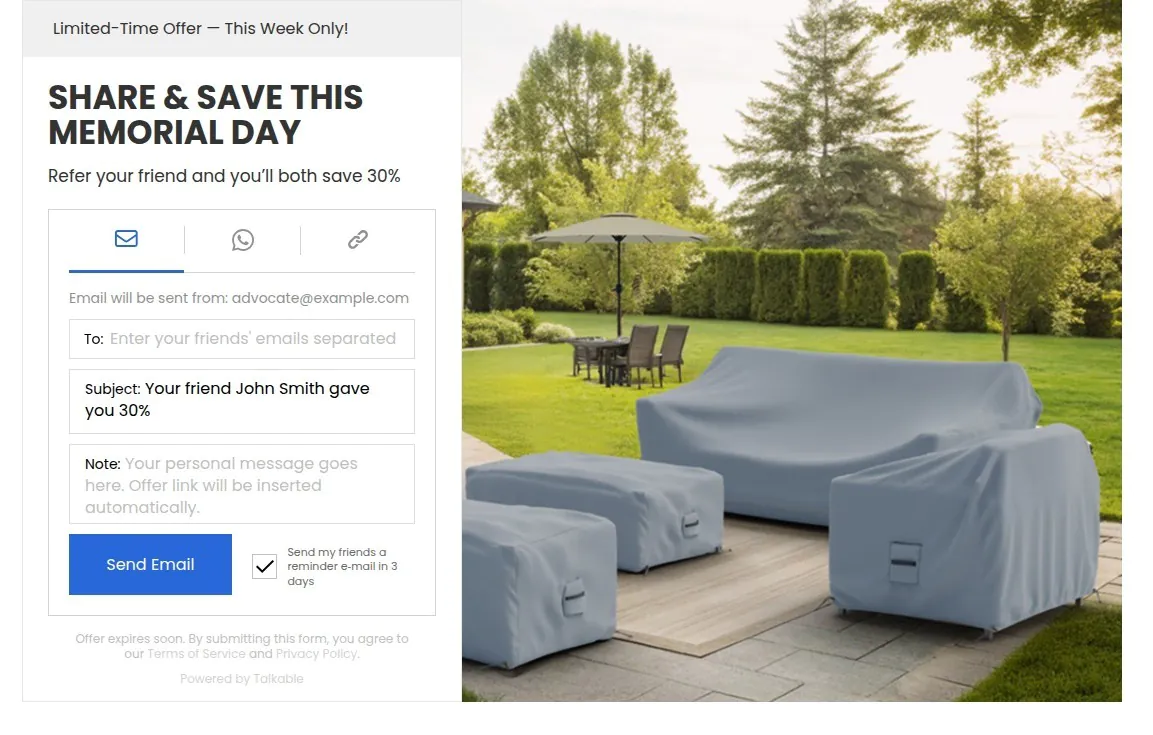 Covers & All Memorial Day referral campaign from Talkable admin preview