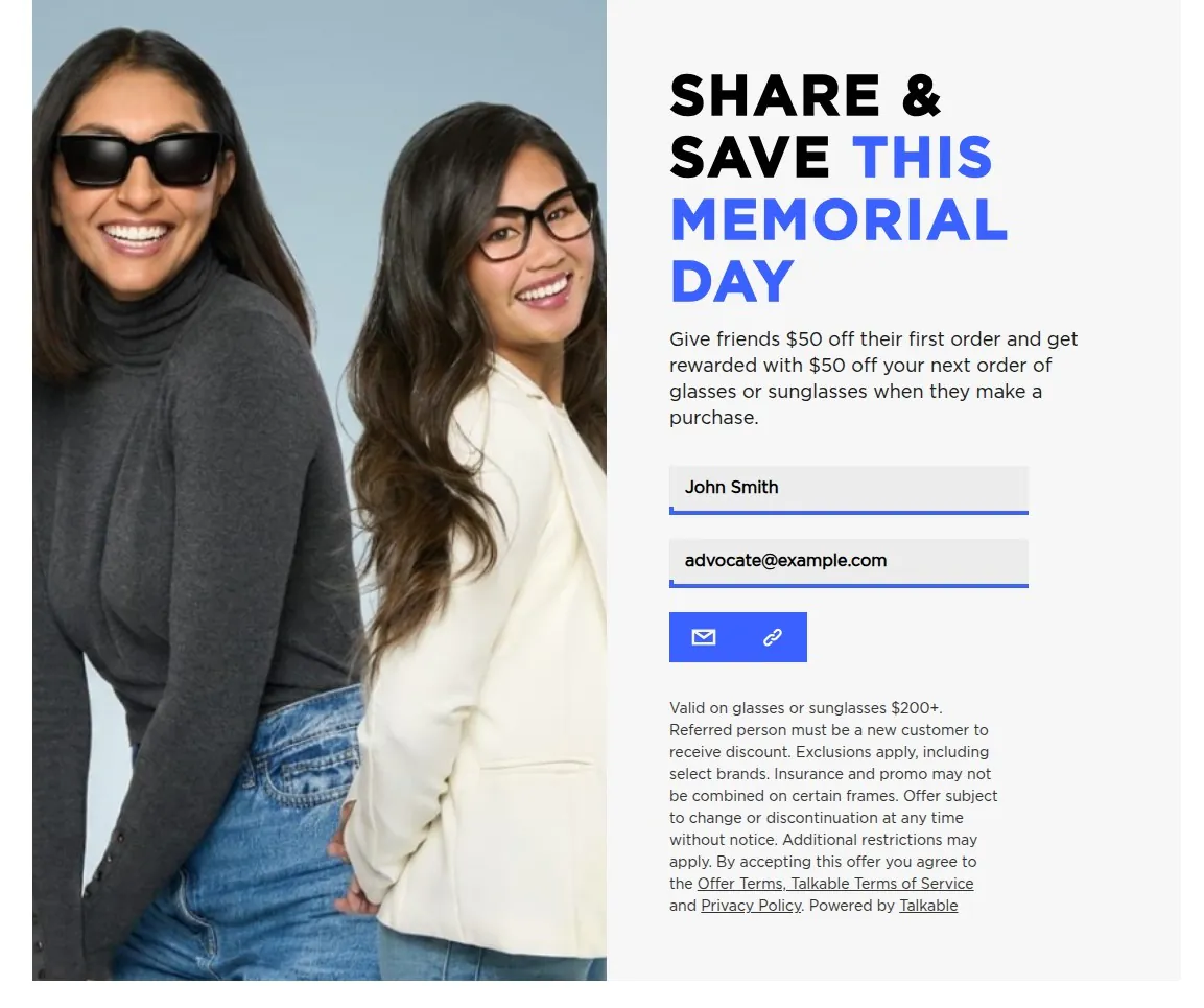 Eyeconic Memorial Day referral campaign from Talkable admin preview