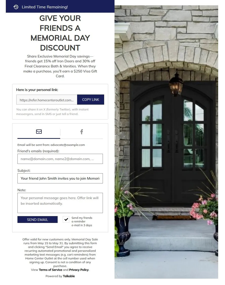Home Center Outlet Memorial Day referral campaign from Talkable admin preview