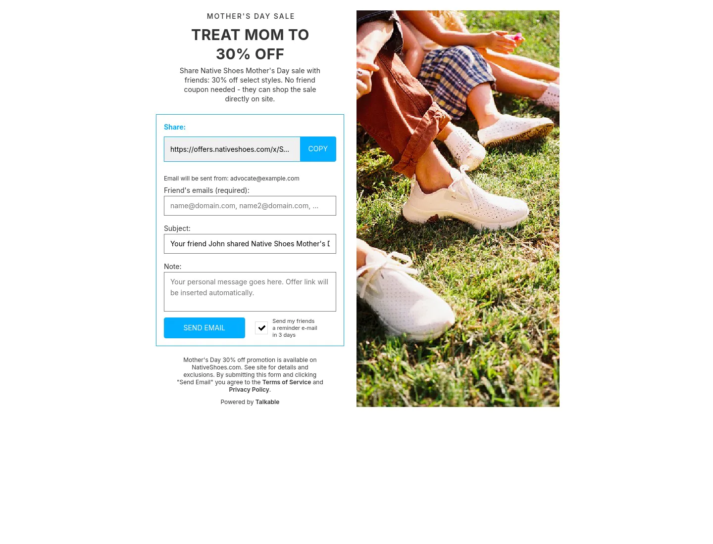 Native Shoes Mother’s Day referral campaign desktop screenshot